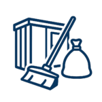 Icon für Bauendreinigung & Unterhaltsreinigung: Ein mobiler Container, davor ein Besen und ein Müllsack als Symbole für Reinigungsarbeiten. Die Darstellung erfolgt im dunklen Linienstil mit transparentem Hintergrund.