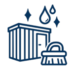 Symbolgrafik einer Containerreinigung: Ein rechteckiger mobiler Container mit Tür, daneben eine Reinigungsbürste. Darüber befinden sich zwei Wassertropfen und zwei Glanzsymbole. Die Illustration ist im dunklen Blau gehalten, im einheitlichen Linienstil auf hellgrauem Hintergrund.